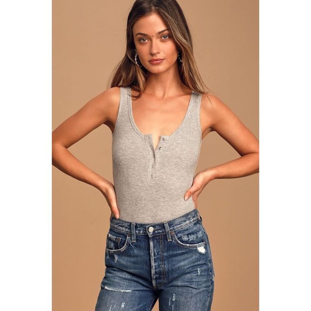 Lulus Snapshot Heather Grey Snap Front Ribbed Sleeveless Bodysuit - Size M
